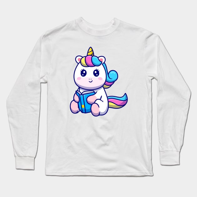 Cute Unicorn Reading Book Cartoon Long Sleeve T-Shirt by Catalyst Labs